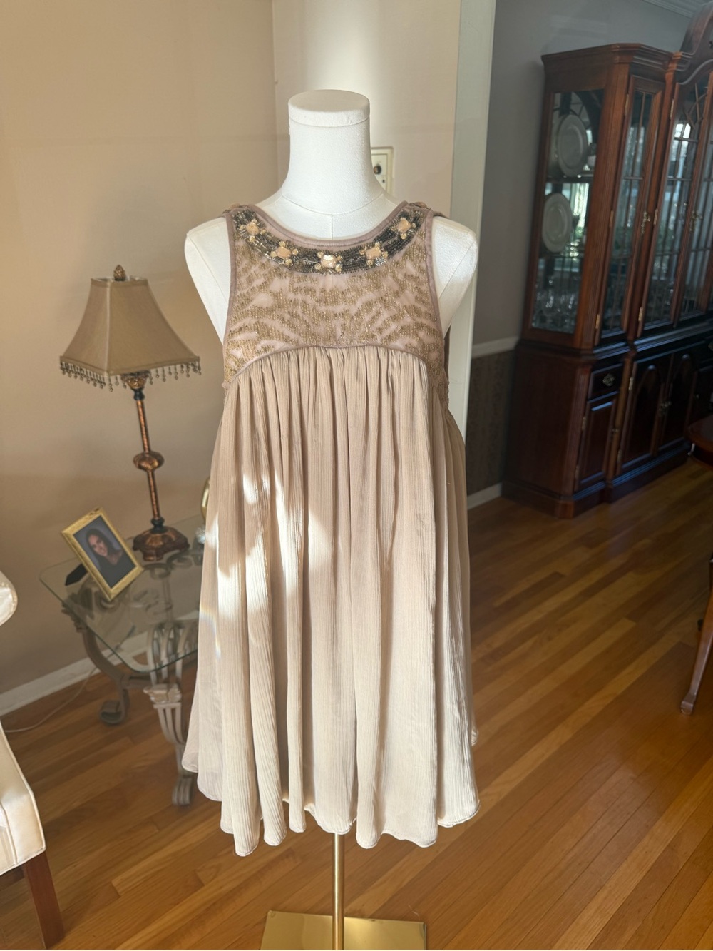 Anthropologie Beige, beaded, embellished Mini Dress